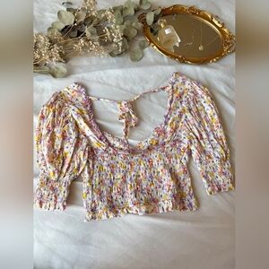 Urban Outfitters May Smocked Puff Sleeve Crop Top Large